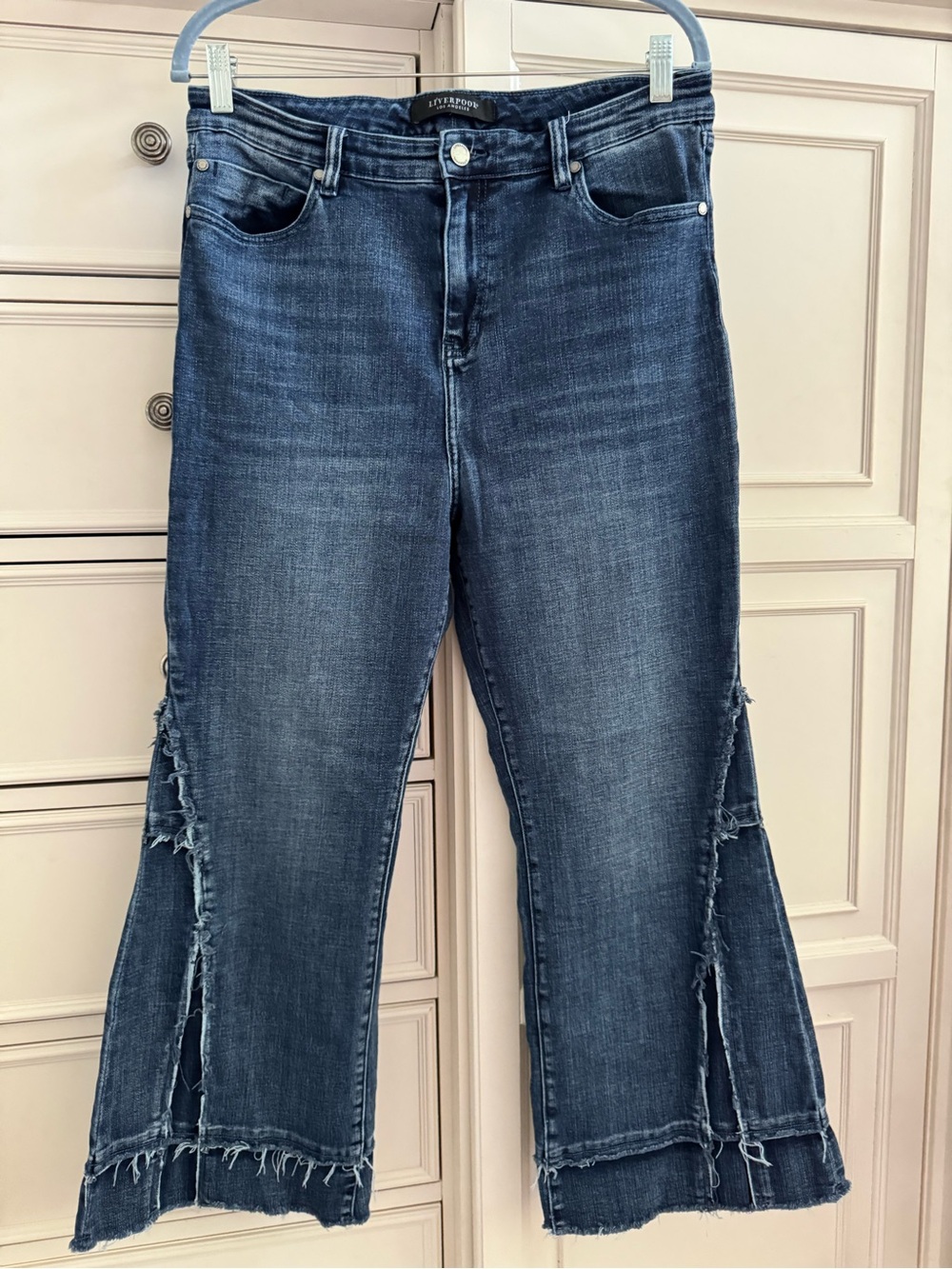 Liverpool Dark Blue Frayed Hem Wide Leg Jeans with Side Slits